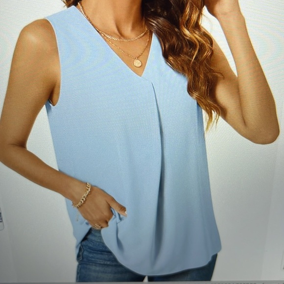 Bestbee Womens L Tank Top Chiffon Dressy Blouse V Neck Sleeveless Tunic Lt. Blue - Picture 1 of 11